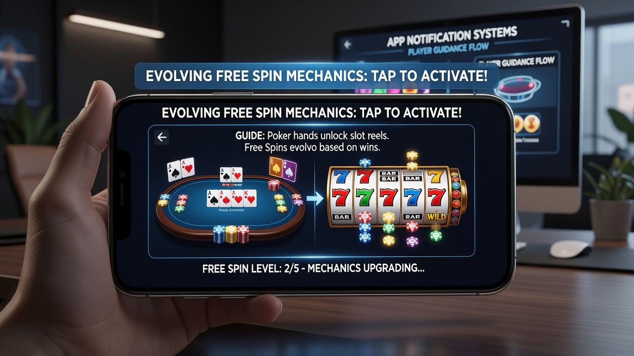 Player receiving in-app notification about updated free spin rules in poker slot hybrid
