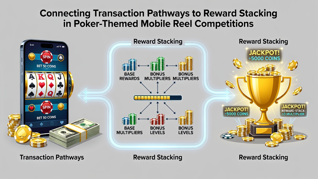 Diagram of transaction flow connecting deposits to stacked rewards in poker slot tournaments