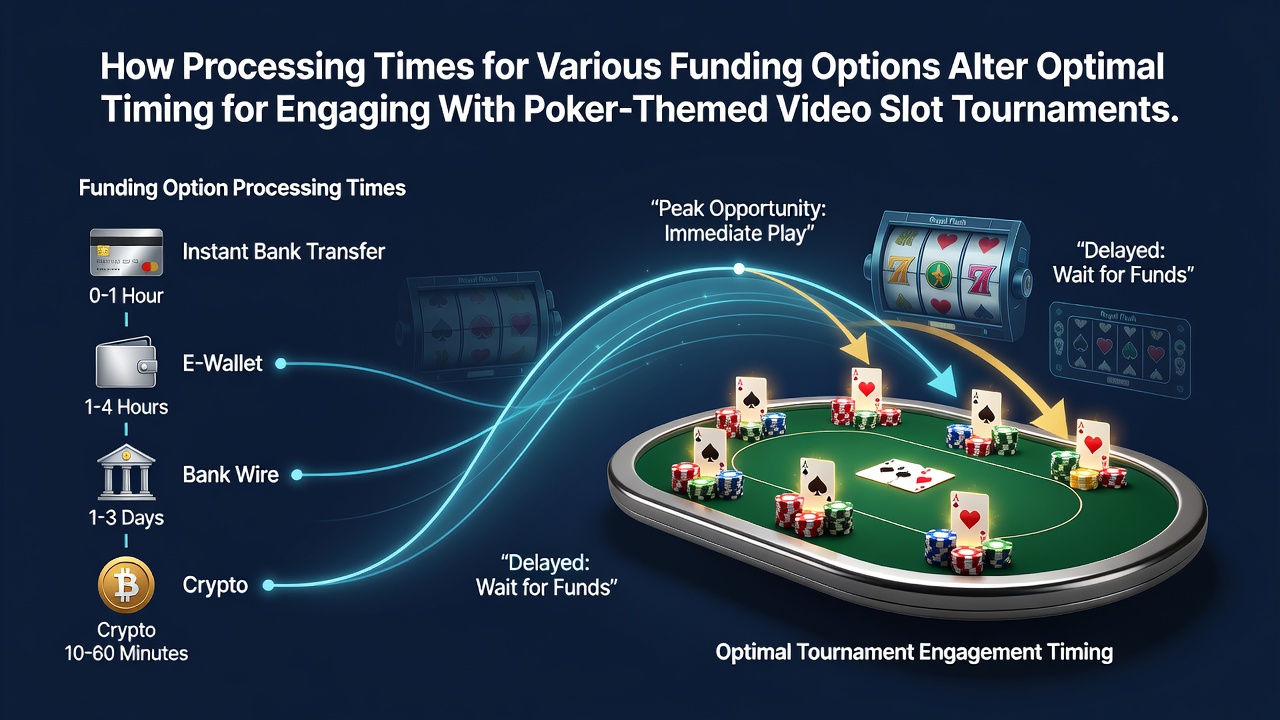 Diagram showing various funding methods and their processing timelines connected to poker slot tournament schedules