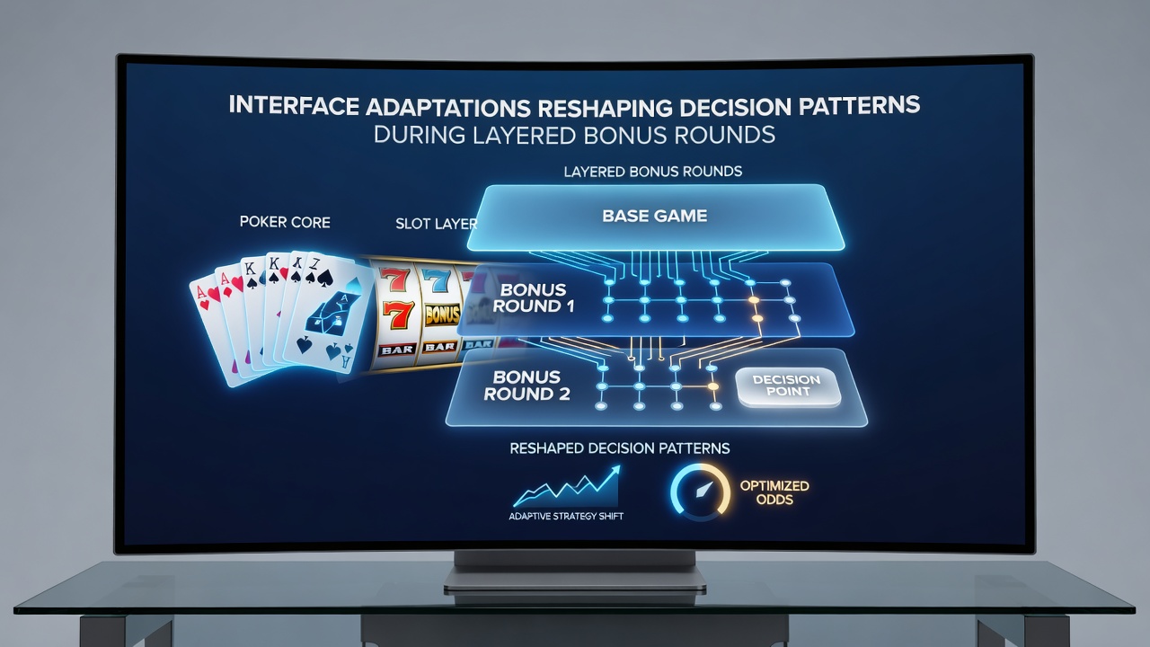 Close-up of adaptive touchscreen elements during poker-slot bonus overlap