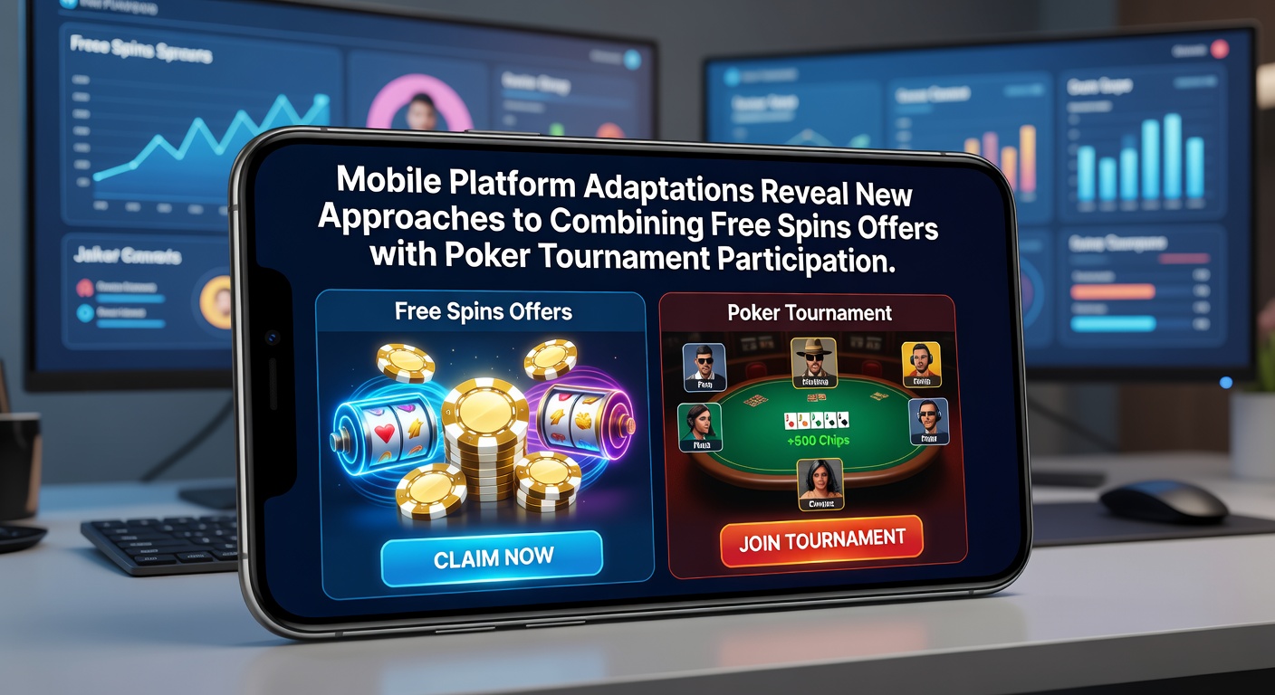 Smartphone screen showing integrated poker tournament and free spins rewards interface