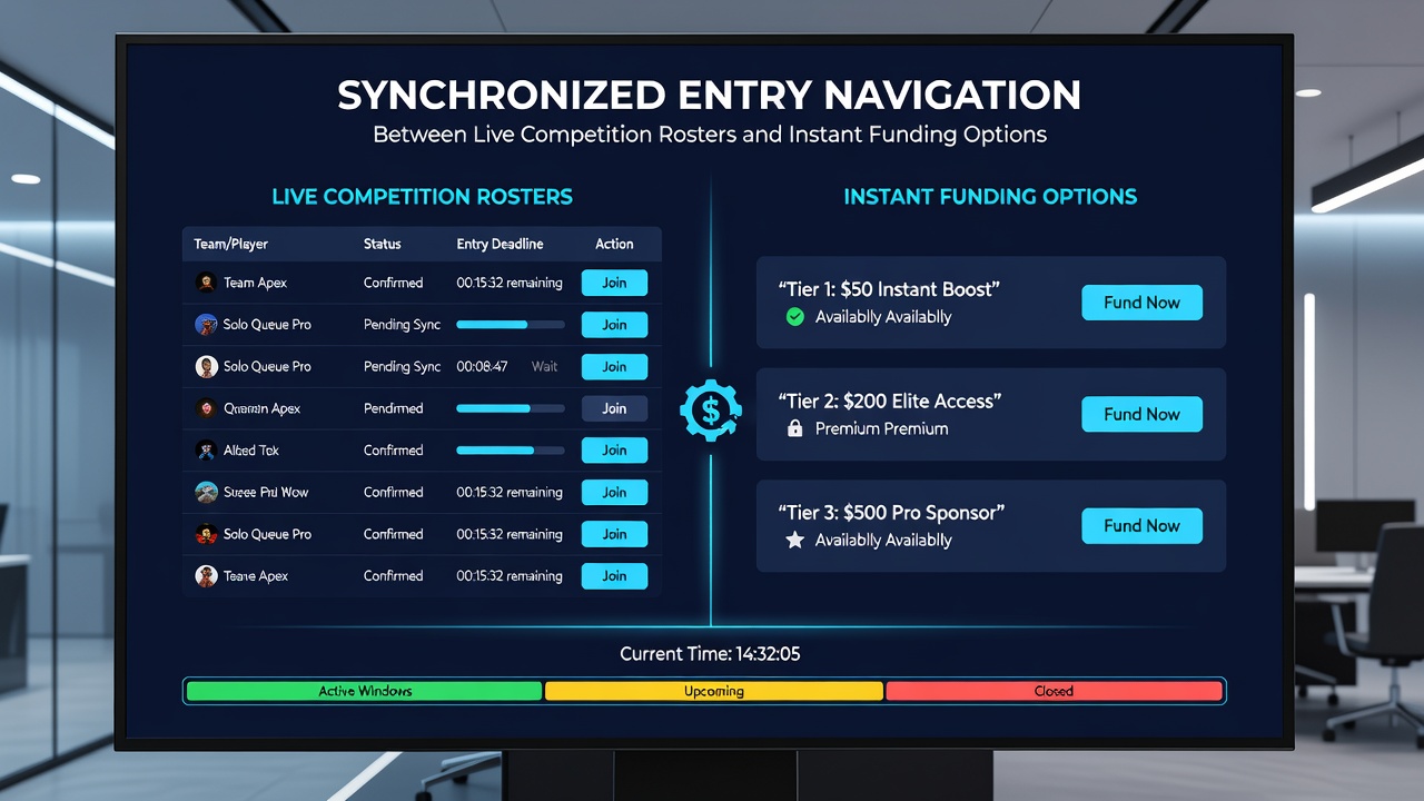 Live competition roster dashboard with real-time funding status indicators