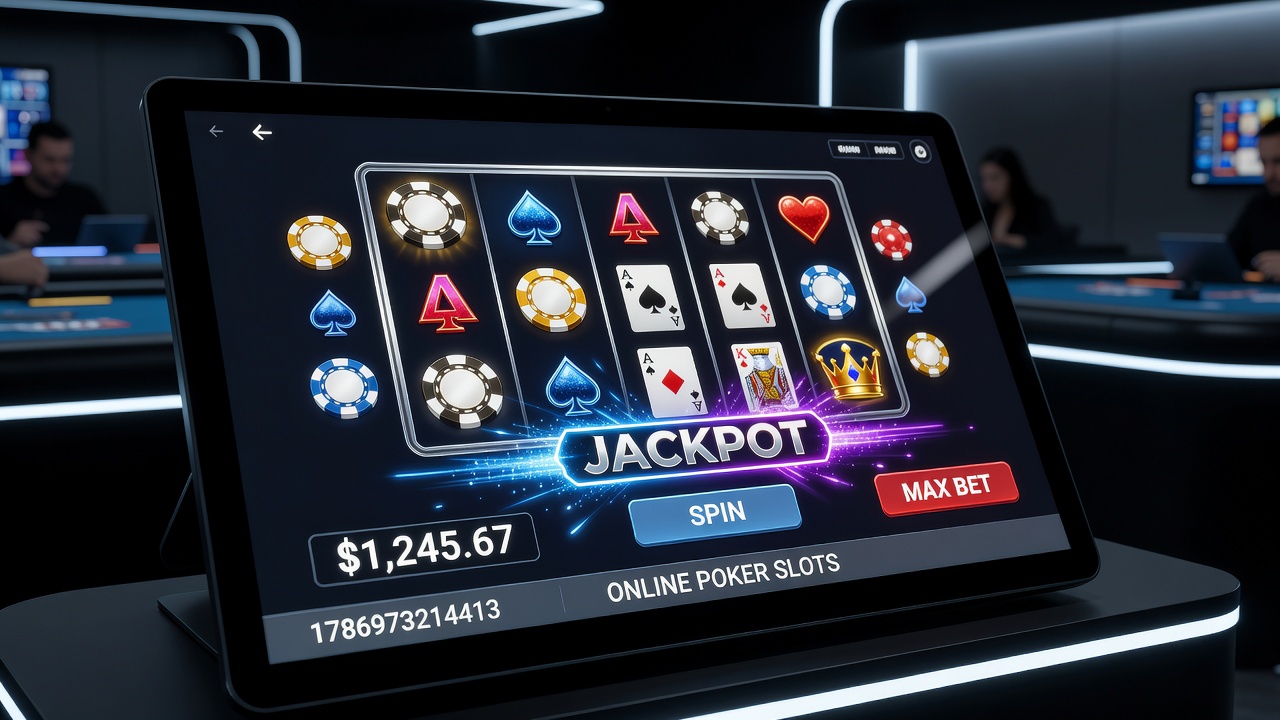 Mobile screen displaying poker slot gameplay with free spins and tournament leaderboard integration