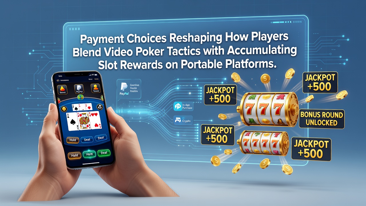 Mobile device displaying video poker interface alongside accumulating slot reward meters with various payment icons