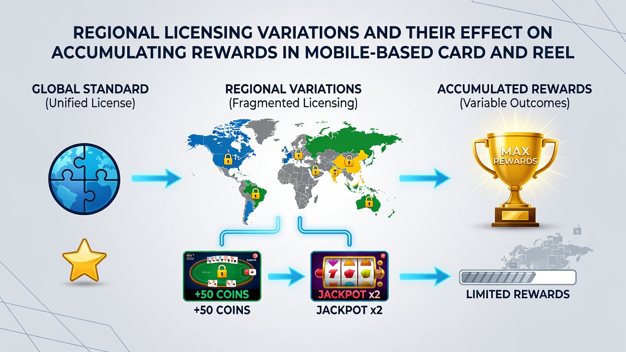 Comparison chart showing reward accumulation rates across different regional licensing environments for mobile hybrid games