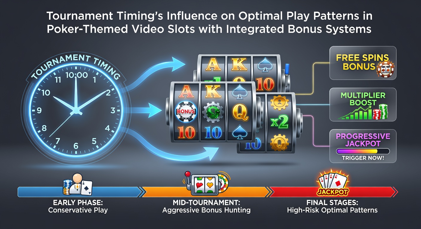 Poker-themed video slot interface showing tournament timer alongside bonus round indicators and reel layout
