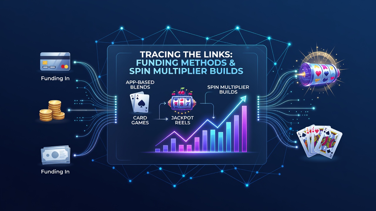 Illustration showing payment methods connecting to spin multiplier systems in card game and jackpot reel hybrid apps